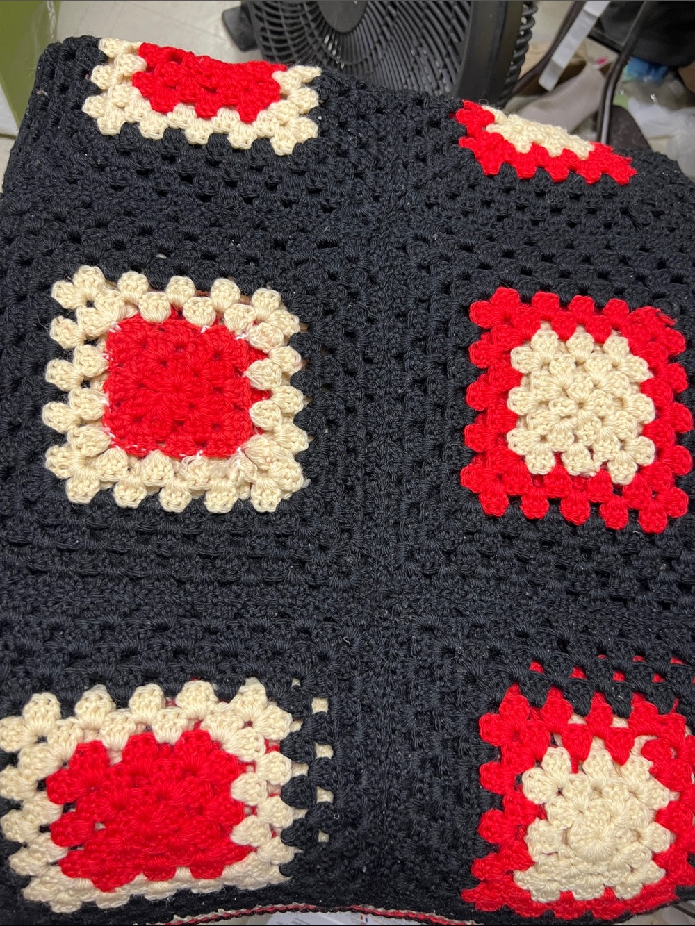 Handmade Crochet Granny Square Throw - Black, Red & Cream